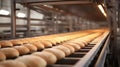 a bread production line in a factory, where rows of dough buns are being processed on a conveyor belt, under the glow of