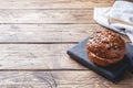 Bread products with cereals and seeds on a wooden background. Lean healthy buns, carbohydrate pastries. Copy space Royalty Free Stock Photo