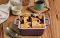 Bread Pudding on Casserole, Served with Vanilla Sauce Royalty Free Stock Photo