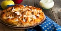 Bread pudding. Traditional English breakfast casserole with apples and vanilla sauce. Bread and butter pudding on old wooden Royalty Free Stock Photo