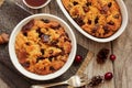 Bread pudding in a white ramekin top view