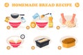 Bread recipe. Cartoon dough with ingredients kneading, homemade baking flatbread dough with yeast preparation cooking Royalty Free Stock Photo