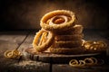 Bread rings on rustic wooden background. Selective focus.
