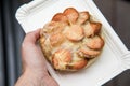 Bread roll bun with Wiener sausage slices and cheese gratinÃÂ© as unhealthy fast food snack Royalty Free Stock Photo