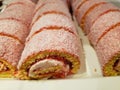 bread roll stuffed with strawberry sweet with sprinkled sugar, food for dessert