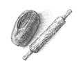 bread and rolling pin Hand drawing sketch engraving illustration style Royalty Free Stock Photo