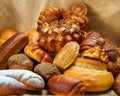 Bread, rolls, bagels. Composition of bakery products. Royalty Free Stock Photo