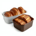Bread rolls in a baking dish isolated on a white background
