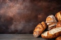 Bread rolls, loaves, buns, pastry on rustic wooden bakery table counter over black dark background, text copy space