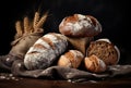 Bread and bread rolls nicely decorated on a dark moody background, AI generated