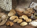 Bread on a rustic wooden countertop natural food and ingredients , Royalty Free Stock Photo