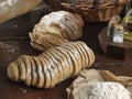 Bread on a rustic wooden countertop natural food and ingredients , Royalty Free Stock Photo