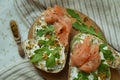 Bread with salmon, mustard seeds, arugula and cream cheese.