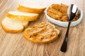 Bread, sandwich with peanut pasta, spoon on blue bowl with peanut butter on table