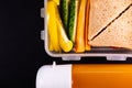 Bread sandwich and vegetables in a lunch box next to a bottle of juice - top view and copy space.