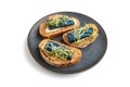 Bread sandwiches with blue lavender cheese and mustard microgreen isolated on white, top view, close up Royalty Free Stock Photo