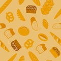 Bread seamless pattern. Different types of bread products on a light brown background Royalty Free Stock Photo