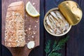 Bread with seeds and sprat in the bank Royalty Free Stock Photo