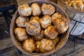 Bread on the shelf in the bakery on wooden basket. Royalty Free Stock Photo