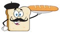 Bread Slice Cartoon Character With Bared And Mustache Presenting Perfect French Bread Baguette.