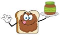 Bread Slice Cartoon Mascot Character With Peanut Butter Holding A Jar Of Peanut Butter