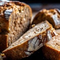 Bread slices closeup. Whole grain brown and healthy bread with seeds cut. Generative AI Royalty Free Stock Photo