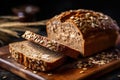 Bread slices closeup. Whole grain brown and healthy bread with seeds cut. Generative AI Royalty Free Stock Photo