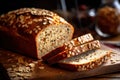 Bread slices closeup. Whole grain brown and healthy bread with seeds cut. Generative AI Royalty Free Stock Photo