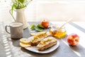 Bread slices with cottage cheese, honey, apples and nuts. Breakfast concept Royalty Free Stock Photo