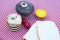 Bread slices cupcake dessert on red tablecloth Royalty Free Stock Photo