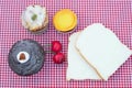 Bread slices cupcake dessert on red tablecloth Royalty Free Stock Photo