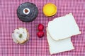 Bread slices cupcake dessert on red tablecloth Royalty Free Stock Photo