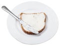 Bread and soft Cheese sandwich with knife on plate Royalty Free Stock Photo