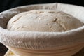 Bread sourdough dough in proofing basket ,before baking, whole wheat recipe. Rye flour. Home made