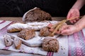 Bread and spikelets are held by hands Royalty Free Stock Photo