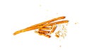 Bread Sticks Isolated, Crumbled Broken Pretzel Sticks, Straws Pieces, Sesame Grissini, Pretzels Snack Royalty Free Stock Photo