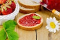 Bread with strawberry jam and chamomile on board Royalty Free Stock Photo