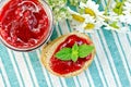 Bread with strawberry jam and daisies on napkin top Royalty Free Stock Photo