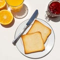 Bread toast with orange juice and jam on white background Royalty Free Stock Photo