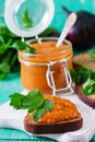 Bread toasts with eggplant caviar. Vegan meal. Healthy vegetarian food. Royalty Free Stock Photo