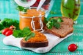 Bread toasts with eggplant caviar. Vegan meal. Healthy vegetarian food. Royalty Free Stock Photo