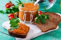 Bread toasts with eggplant caviar. Vegan meal. Healthy vegetarian food. Royalty Free Stock Photo