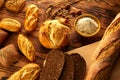 Bread varied mix on golden aged wood table Royalty Free Stock Photo