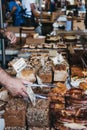 Bread and a variety of pastries on sale at Borough Market, London, UK.