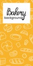 Bread vertical background. Bakery doodle products, baguette, croissant and bagel. Cartoon white elements on yellow, advertising