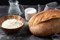 bread, wheat flour, salt and water in glass jug Royalty Free Stock Photo