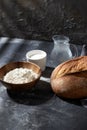 bread, wheat flour, salt and water in glass jug Royalty Free Stock Photo