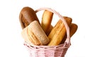 Bread basket. Assorted loafs of breads on isolated white background. Baking products.