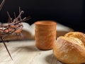 Bread and Wine With Crown Of Throns and Bible Royalty Free Stock Photo