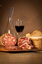 Bread, wine and salami Royalty Free Stock Photo